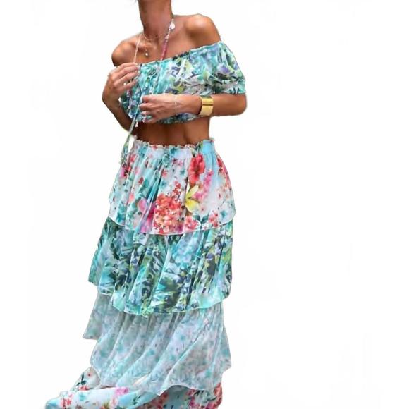 NEW LES NÉOBOURGEOISES neo suzy long skirt in cherry blue - Picture 1 of 3